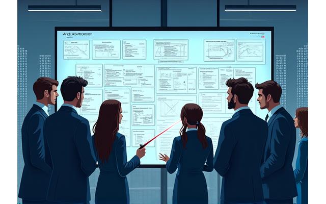 Team arbeitet an einem Whiteboard mit komplexen Diagrammen, um eine KI-Lösung zu analysieren und zu konzipieren.