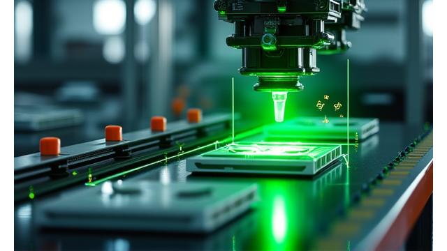Produktionslinie mit Robotern und Kameras, die Qualität durch Objekterkennung überprüfen.