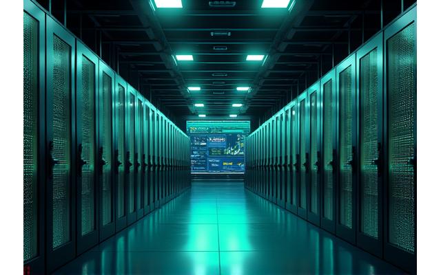 Server-Rack mit leuchtenden Lichtern und Daten-Visualisierungen auf Bildschirmen im Hintergrund, symbolisiert Deployment und Monitoring von KI.