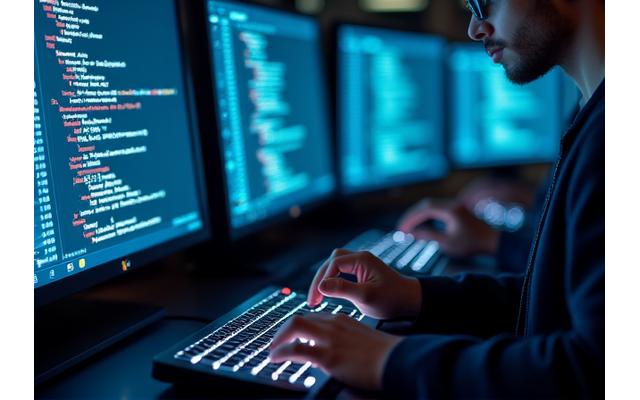 Entwickler-Team codiert an mehreren Bildschirmen, um eine KI-Anwendung zu entwickeln und zu testen.