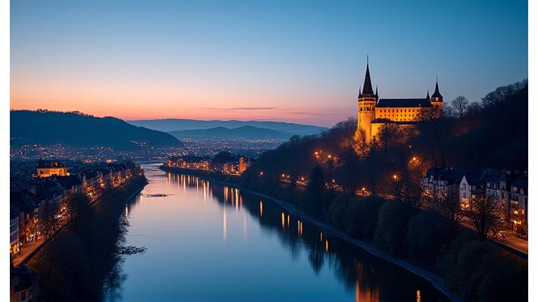 Blick über die Dächer von Heidelberg bei Sonnenuntergang mit dem Schloss und dem Neckar, symbolisiert den Standort und die Innovationskraft.