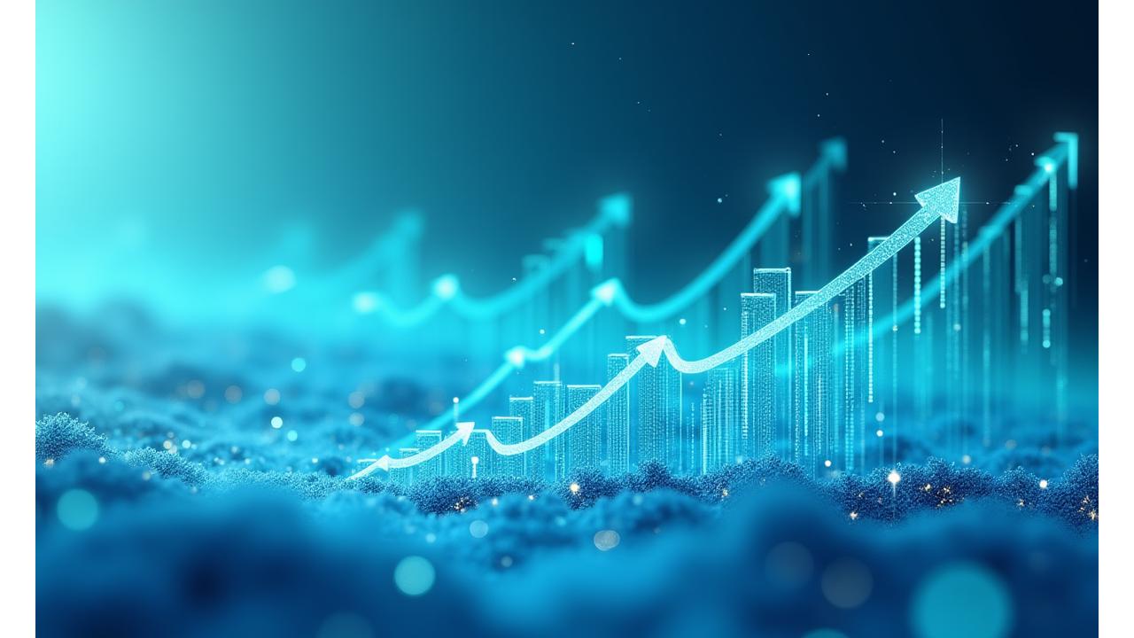 Visuelle Darstellung von Metriken und Wachstumspfeilen, die 300% Wachstum in einer digitalen Landschaft zeigen