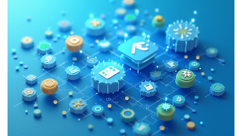 Visualisierung eines Connected Tech Stacks mit Logos bekannter Automatisierungs- und Analysetools