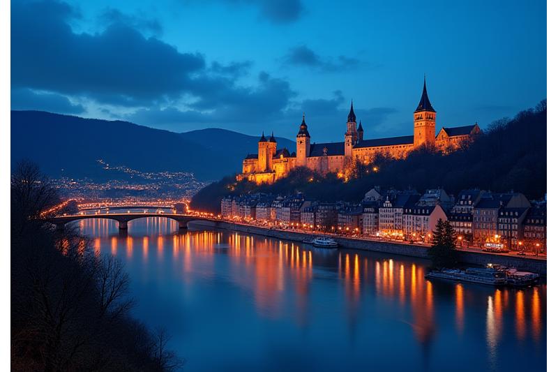 Historische Altstadt von Heidelberg im Sonnenuntergang mit subtilen, modernen KI-Grafiken überlagert