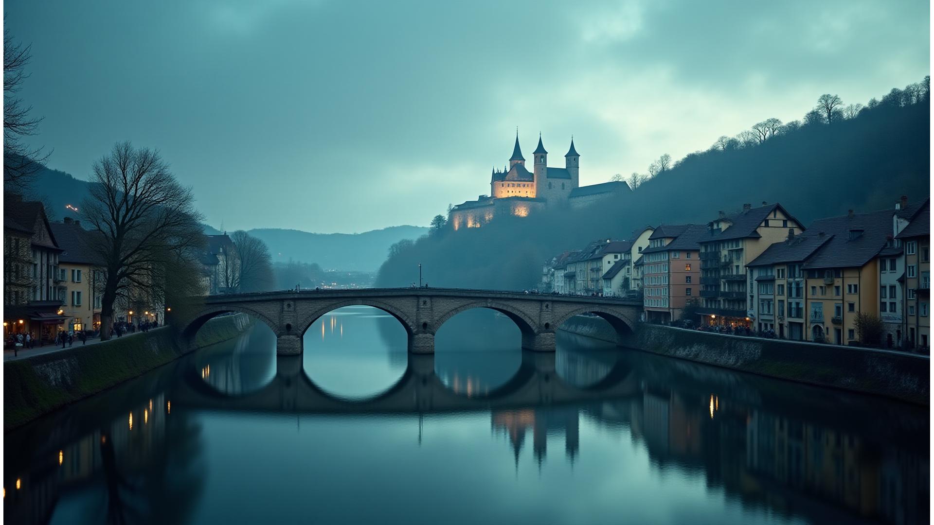 Moderne KI-Visualisierung, die Heidelberg als innovatives Zentrum darstellt, mit abstrakten Datenströmen und einer Silhouette der Alten Brücke im Hintergrund.