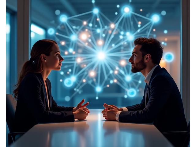 Professionelle KI-Beratung in Heidelberg – Eine Person im Gespräch vor einem stilisierten Interface mit KI-Elementen, das Innovation und Dialog darstellt.
