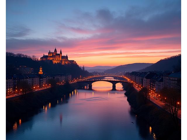 Blick auf die Heidelberger Altstadt mit Schloss und Neckar bei Sonnenuntergang